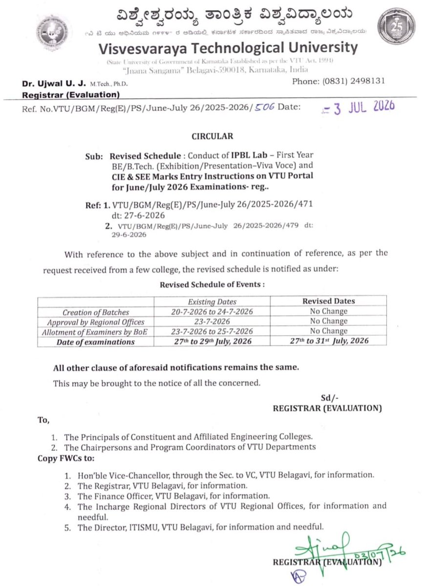 vtuguruofficial's tweet photo. CIRCULAR - Revised Schedule: Conduct of IPBL Lab - First Year BE/B.Tech. (Exhibition/Presentation-Viva Voce) and CIE &amp; SEE Marks Entry Instructions on VTU Portal for June/July 2026 Examinations. https://t.co/ni8Yrmsf2L