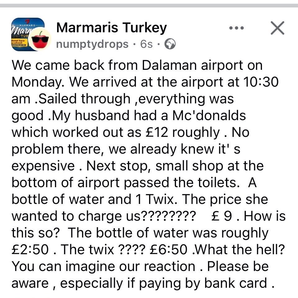 haskologlu's tweet photo. Marmaris tatilinden İngiltere'ye dönen turistler, Dalaman Havalimanı'ndaki fiyatlara tepki gösterdi.

•⁠ ⁠Havalimanına saat 10.30'da geldik, her şey yolundaydı. Eşim McDonald's yedi. Yaklaşık 12 sterlin ödedik. Pahalı olduğunu zaten biliyorduk.

•⁠ ⁠Daha sonra tuvaletlerin ilerisindeki küçük markete uğradık. 1 şişe su ve 1 Twix aldık. Bizden 9 sterlin istediler.

•⁠ ⁠Su yaklaşık 2,50 sterlin, Twix ise 6,50 sterlindi. "Bu nasıl olabilir? Ne oluyor?