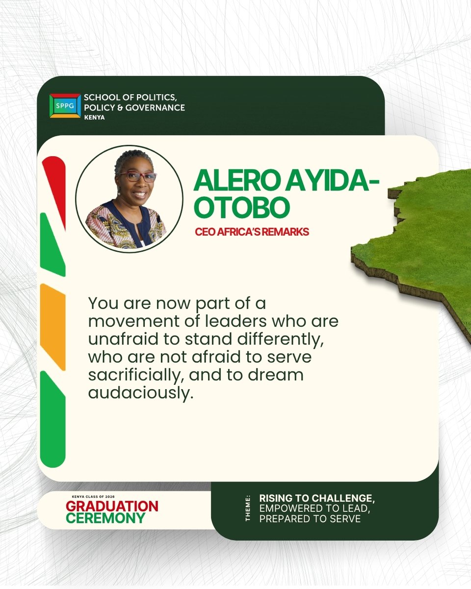 sppgkenya's tweet photo. This is more than a graduation. It is a commissioning.
Addressing the SPPG Kenya Class of 2026, CEO of SPPG Africa Madam Alero Ayida-Otobo(@ReformersArise) declared:

"You are now part of a movement of leaders who are unafraid to stand differently, who are not afraid to serve sacrificially, and to dream audaciously."

Carry this light forward. The world, the continent, is waiting.

#SPPGKenya #ClassOf2026 #RisingToChallenge