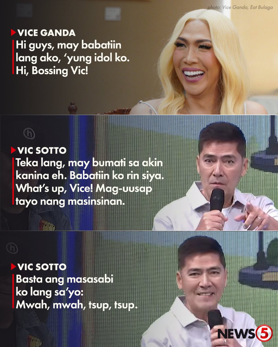 News5PH's tweet photo. BOSSING VIC 🤝 MEME VICE 👀

Binati nina Vic Sotto at Vice Ganda ang isa’t isa sa kani-kanilang noontime show ngayong Biyernes, July 3. https://t.co/pWiGwXKx9R