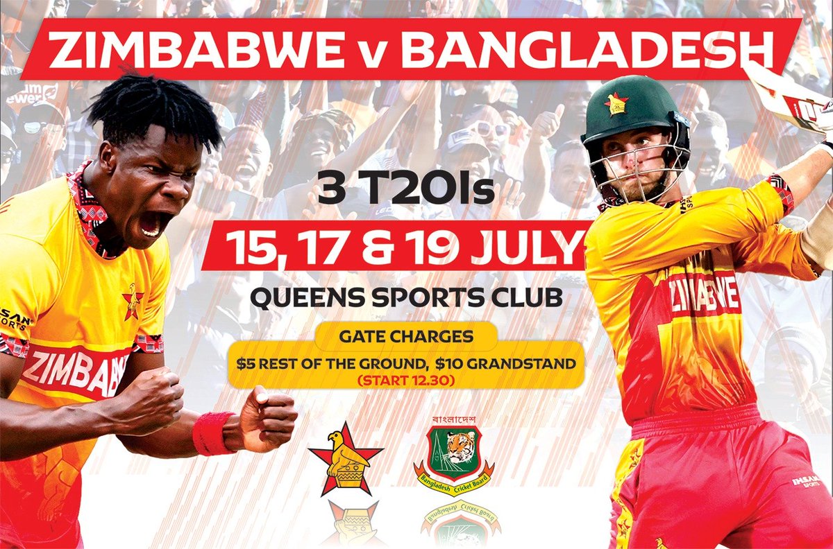 TuskersCric's tweet photo. 🔥 BULAWAYO, IT’S TIME TO SHOW UP! 🔥
​The Chevrons are ready for battle vs Bangladesh! 🇿🇼🆚🇧🇩 3 T20Is on July 15, 17 &amp; 19!
​Want FREE tickets to the 1st T20I? Like, Retweet, Tag us &amp; 5 friends win! 🎟️✨
​#ZIMvsBAN #ExperienceZimbabwe #PushaMaChevrons https://t.co/k4iM4eQS4a