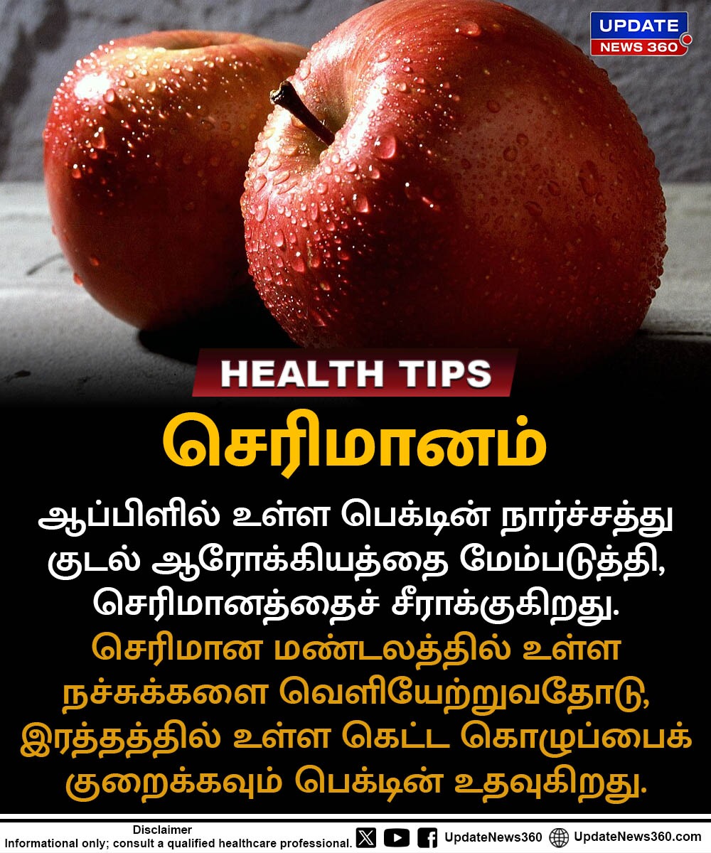 updatenewstamil's tweet photo. செரிமானப் பிரச்சனையா? தினமும் ஒரு ஆப்பிள் சாப்பிடுங்கள்!
#HealthTips #AppleBenefits #HealthyEating #Nutrition #HealthyLifestyle #Wellness #Immunity #HeartHealth #FiberRich #HealthyHabits #NaturalHealth #DailyHealth #EatHealthy #HealthAwareness #UpdateNews360 https://t.co/7S1A5TBugs
