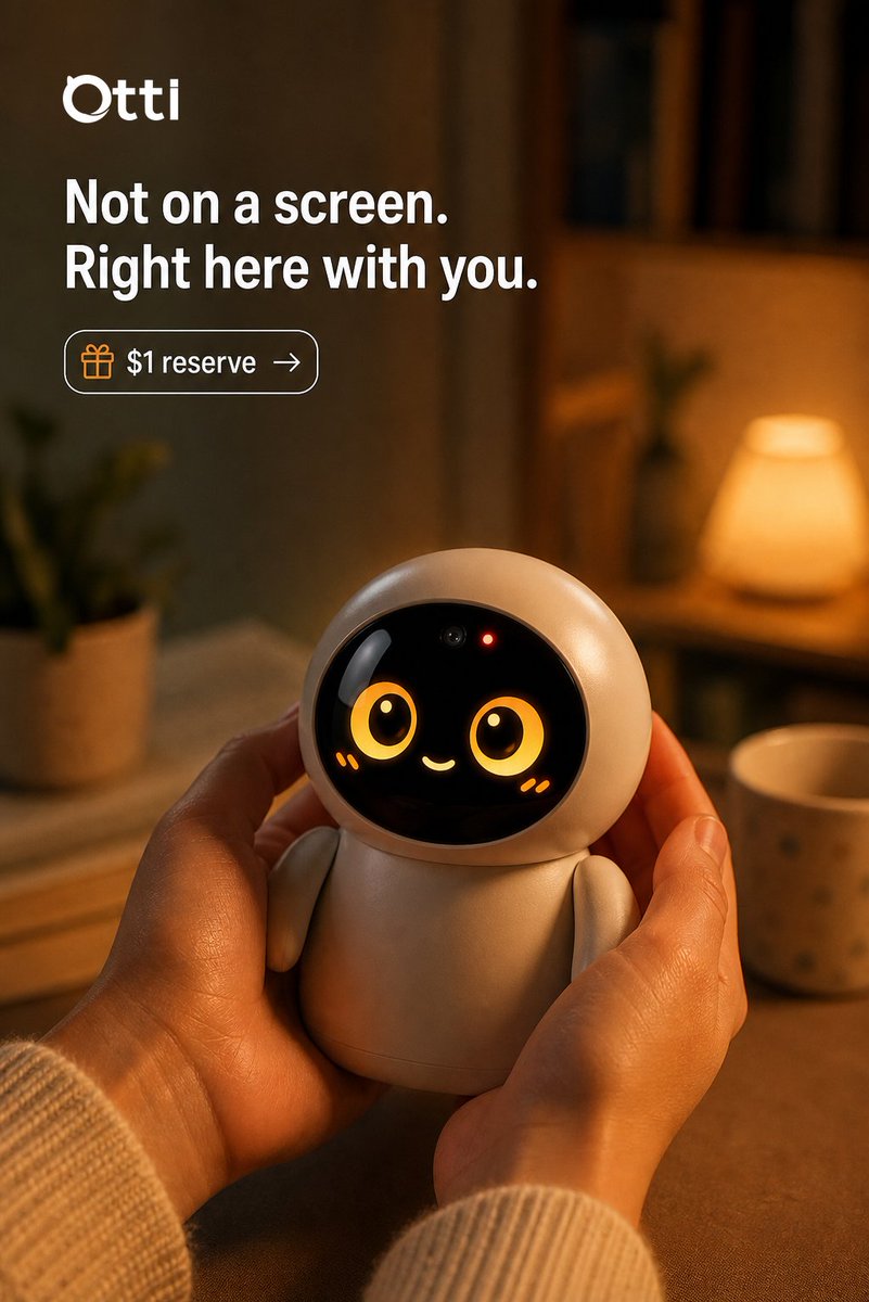 OttiRobot's tweet photo. Not on a screen.
Right here with you.
Otti is an AI companion you can actually hold — responsive, expressive, and physically present when digital comfort isn’t enough.

$1 reserve → https://t.co/oUiaMGpEg7 https://t.co/XhLebhI2KW
