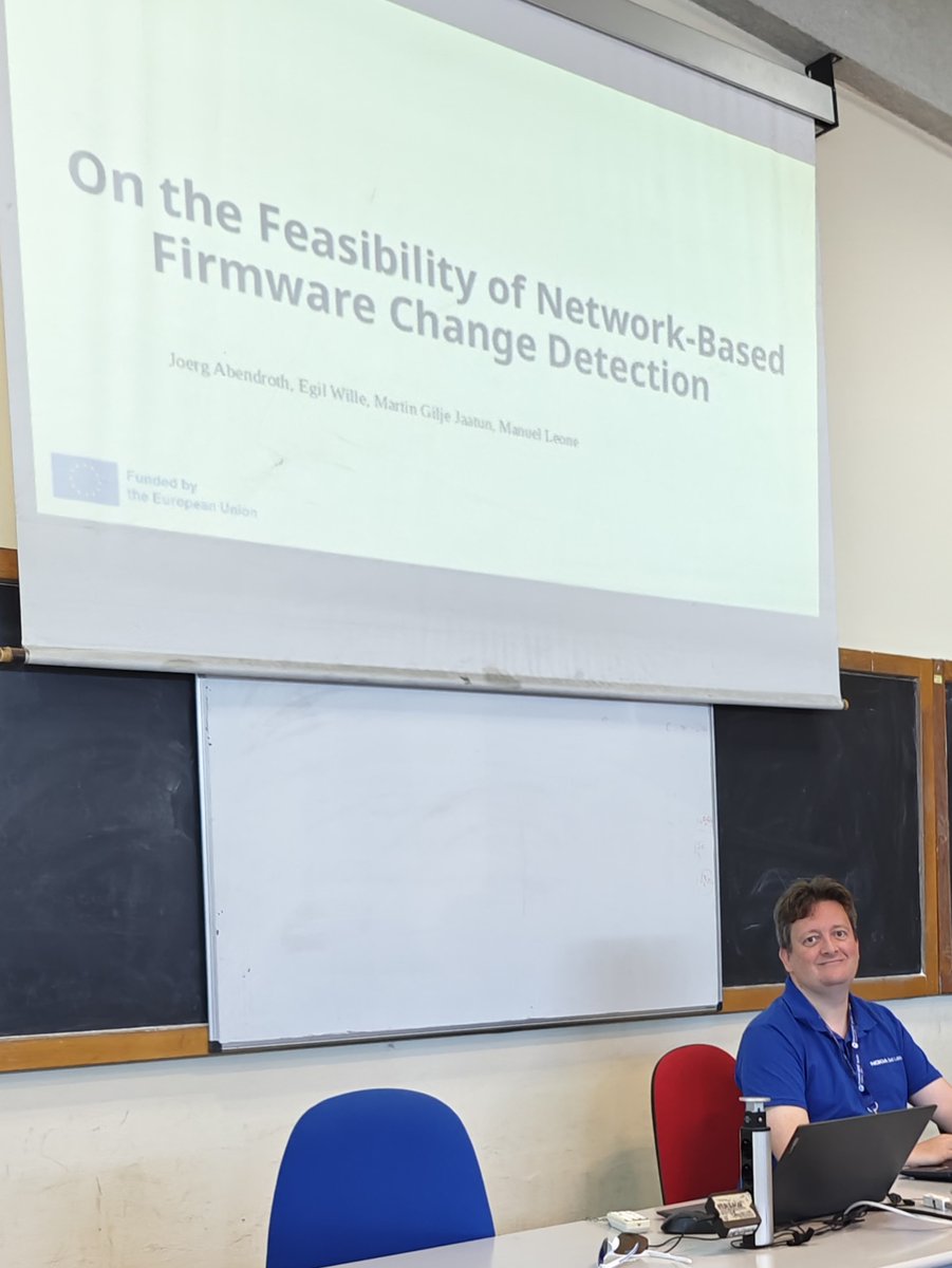 TELEMETRY_EU's tweet photo. 🎤 Research Spotlight | #LIFESEC2026

Joerg Abendroth presented:

“On Feasibility of Network-Based Firmware Change Detection”

Co-authored by Joerg Abendroth, Martin G. Jaatun, Manuel Leone &amp; Egil.

#SmartComp2026 #CyberSecurity #FirmwareSecurity #TELEMETRY_eu https://t.co/8QZbaXJuaW