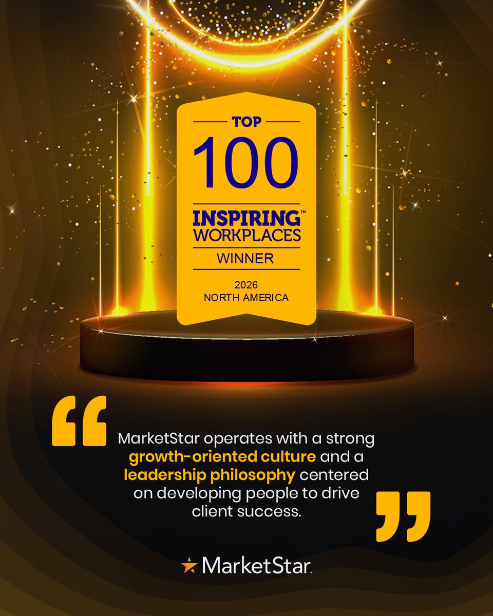 MarketStar's tweet photo. Proud to be recognized as one of the Top 100 Inspiring Workplaces in North America for 2026 by @iw_awards 

This honor reflects the culture our people build every day, rooted in growth, belonging, and opportunity. 

#PeopleFirst #YouBelong #MarketStar https://t.co/G212kk1yxo