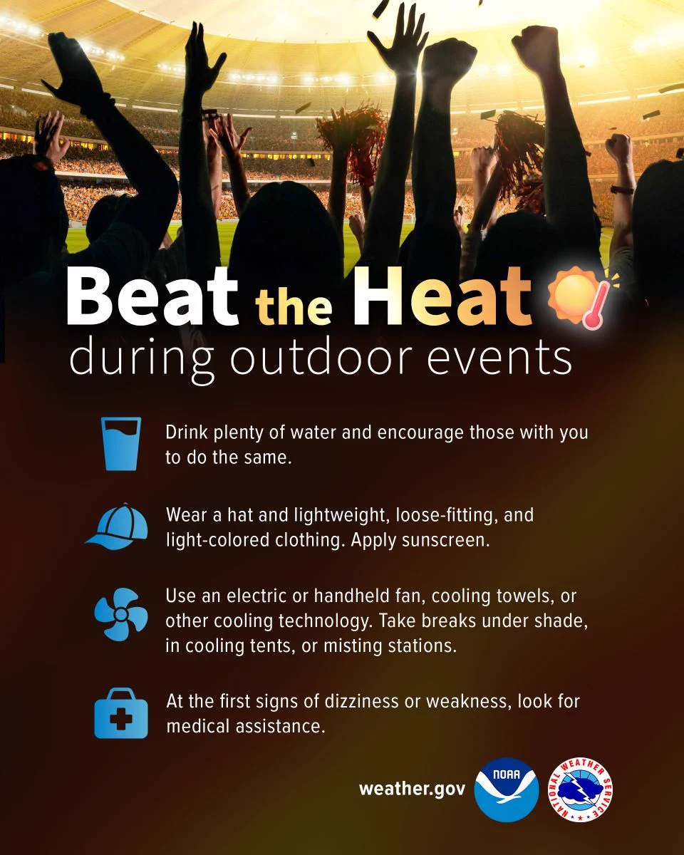 Beat the Heat during outdoor events: Drink plenty of water and encourage those with you to do the same. Wear a hat and lightweight, loose-fitting, and light-colored clothing. Apply sunscreen. Use an electric or handheld fan, cooling towels, or other cooling technology. Take breaks under shade, in cooling tents, or misting stations. At the first signs of dizziness or weakness, look for medical assistance.
