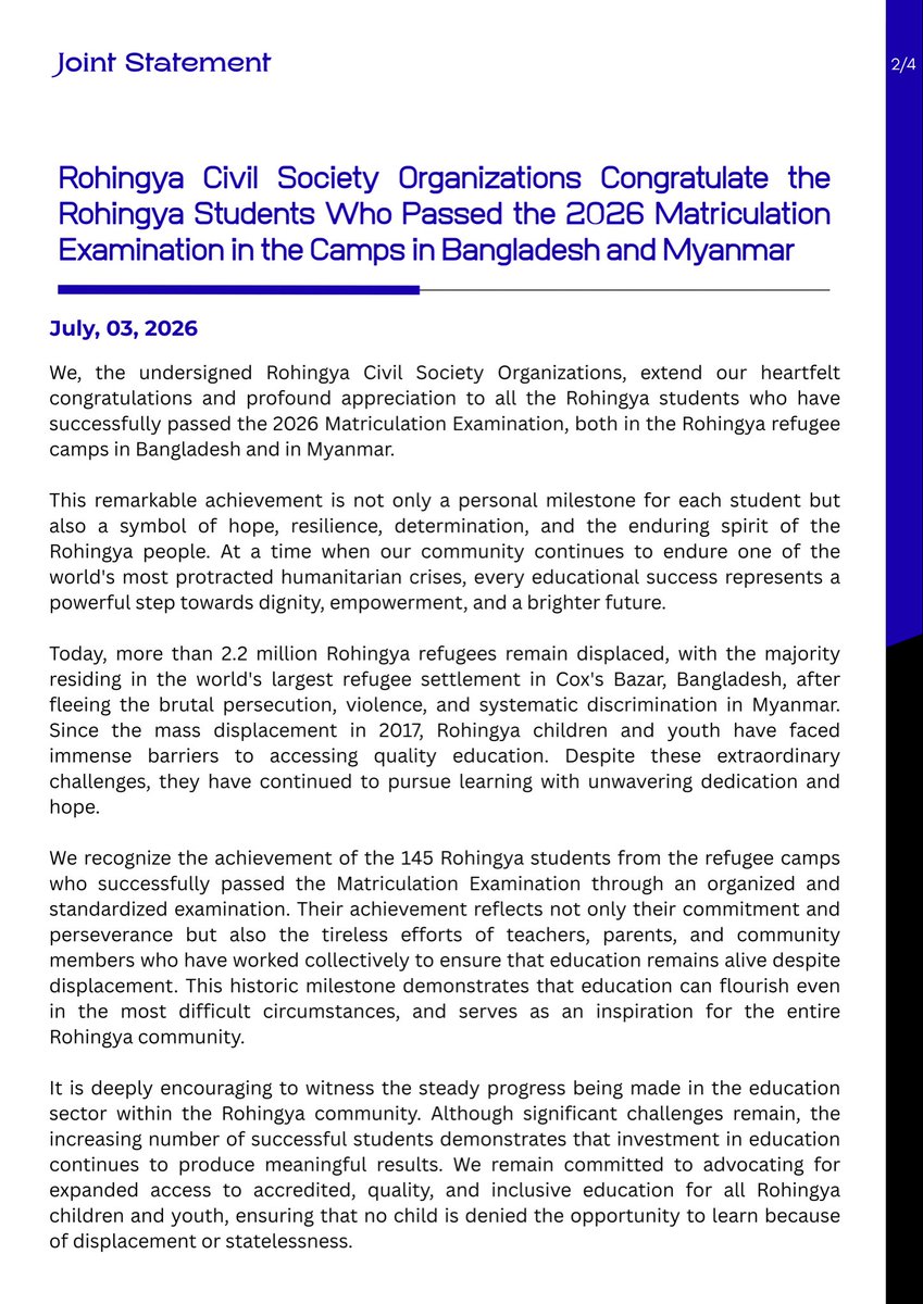 RYEN_ORG's tweet photo. Rohingya Civil Society Organizations Congratulate the Rohingya Students Who Passed the 2026 Matriculation Examination in the Refugee Camps in Bangladesh and Myanmar

#RYEN #EducationForAll #Rohingya #Matriculation2026 #EducationIsAHumanRight https://t.co/ddbscCrn6N
