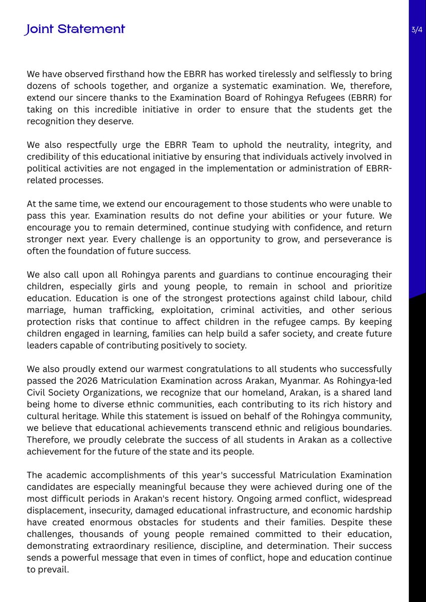 RYEN_ORG's tweet photo. Rohingya Civil Society Organizations Congratulate the Rohingya Students Who Passed the 2026 Matriculation Examination in the Refugee Camps in Bangladesh and Myanmar

#RYEN #EducationForAll #Rohingya #Matriculation2026 #EducationIsAHumanRight https://t.co/ddbscCrn6N