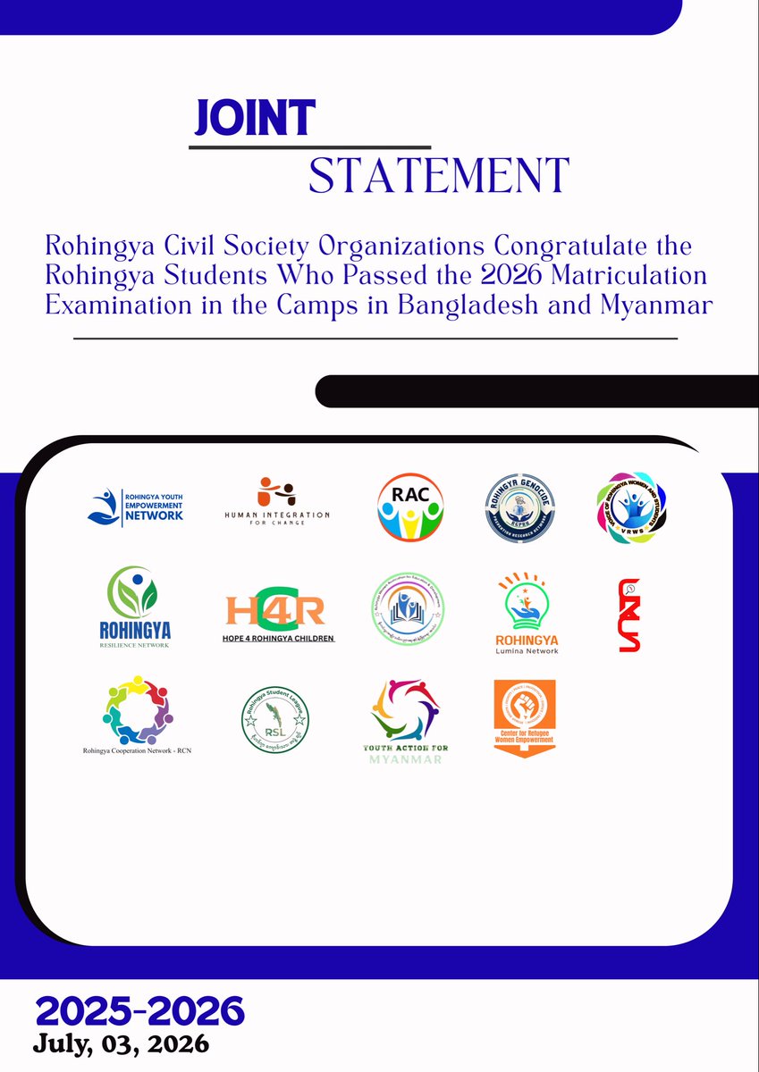 RYEN_ORG's tweet photo. Rohingya Civil Society Organizations Congratulate the Rohingya Students Who Passed the 2026 Matriculation Examination in the Refugee Camps in Bangladesh and Myanmar

#RYEN #EducationForAll #Rohingya #Matriculation2026 #EducationIsAHumanRight https://t.co/ddbscCrn6N