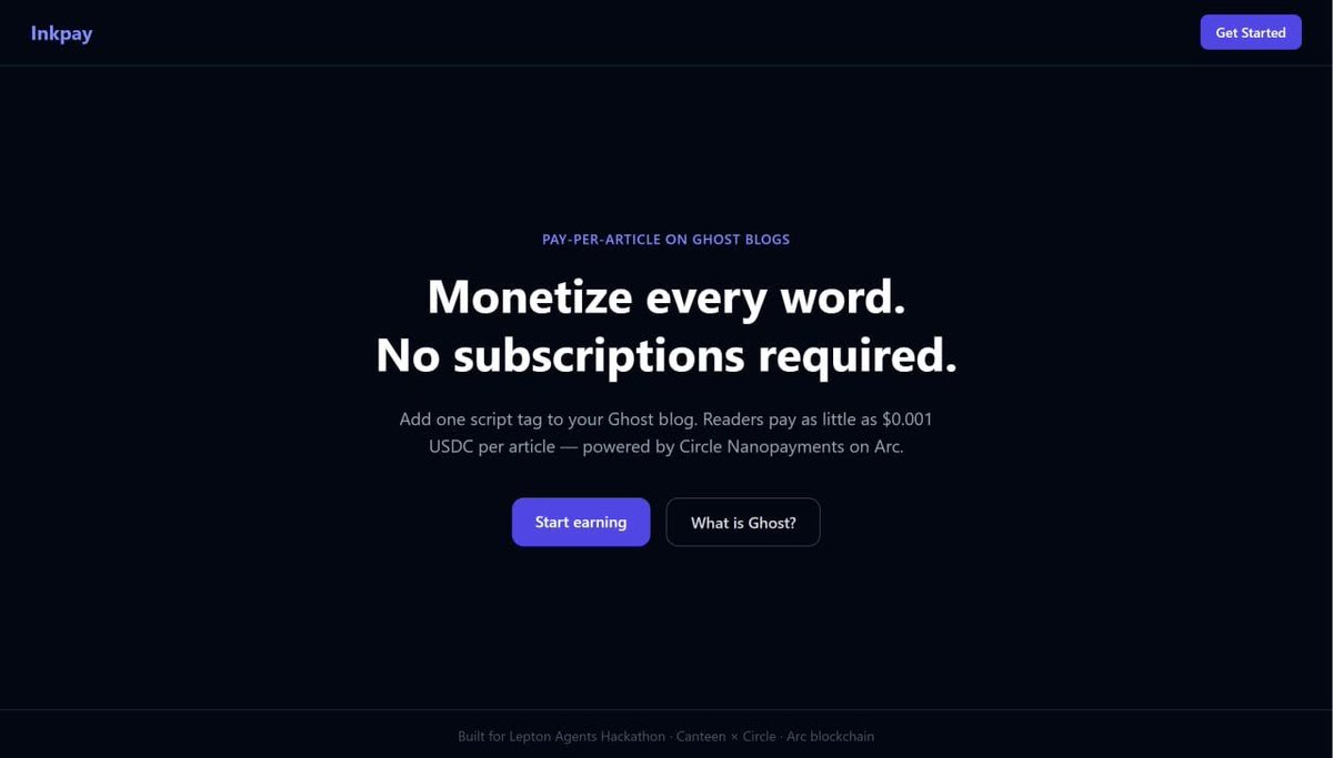 useinkpay's tweet photo. just shipped inkpay for @thecanteenapp lepton hackathon

ghost blog paywall where AI prices your articles and readers pay fractions of a cent to unlock

20 real testers. real payments. actually works end to end on @arc https://t.co/uaxTi1tmfP