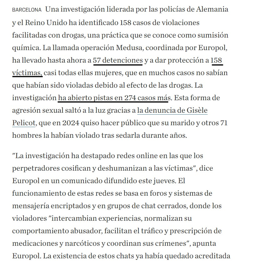 feministes_cat's tweet photo. Operació Medusa: 
‼️158 violacions per submissió química
‼️57 detinguts
‼️274 casos més sota investigació
‼️Xarxes de fòrums on es coordinen, comparteixen mètodes i es normalitzen.
Ho diu Europol, no cap feminista "exagerada": no són casos aïllats, és "un patró de conducta organitzada i interconnectada".
El "not all men" ja fa temps que no s'aguanta per enlloc
#violenciasexual #violenciamasclista #FARTES