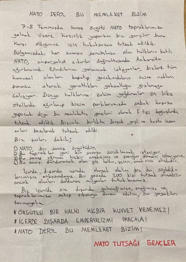 dhareket66's tweet photo. NATO'ya karşı mücadele ettikleri için tutuklanan gençlerden mektup var!

"Nerede olursa olsun geleceğimize, emeğimize ve topraklarımıza sahip çıkmaya devam edelim..." https://t.co/4wMWz72r9h