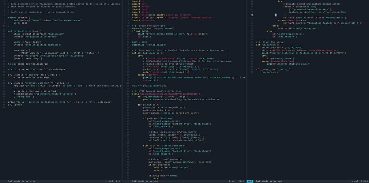 refaktor's tweet photo. Simple demo of dynamically retrieving @Tailscale IP and binding http service to it, so it's available only to your tailscale network, without opening any ports on public internet. #Ryelang #Tailscale #Python More: https://t.co/mAxTtVuvyW https://t.co/VPTaRbeRD1
