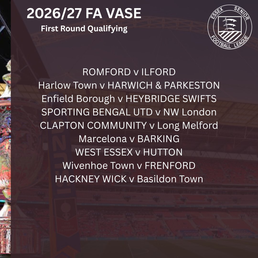 EssexSenior's tweet photo. The 26/27 FA Vase First Round Qualifying 

Ties to be played 14/15th August

Good luck to all of our sides 

#ESL #FAVase https://t.co/0nbW94tDOD