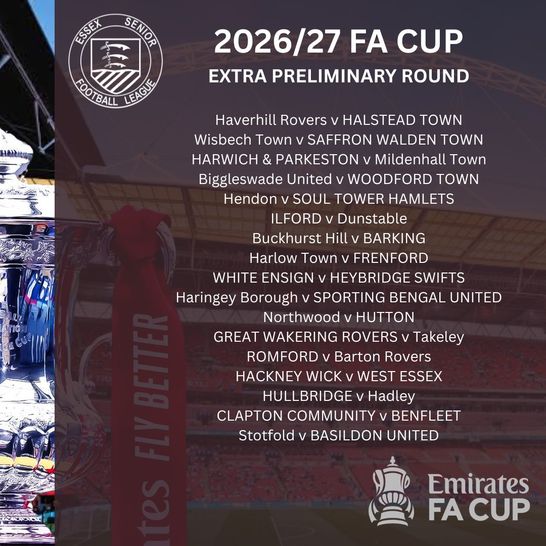 EssexSenior's tweet photo. The 26/27 @EmiratesFACup Extra Preliminary Round.

Ties to be played 7/8/9th August

Good luck to all of our sides 

#ESL #FACup https://t.co/Cpp4vdE8Q2