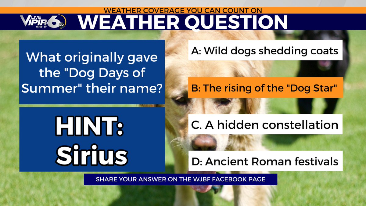 CSRAWeather's tweet photo. The answer to today's weather question is B (The rising of the "Dog Star"). The ancient Greeks and Romans believed the dawn rising of Sirius added its heat to the sun's, creating the sweltering late-summer temperatures. https://t.co/RfbrwMH4W6