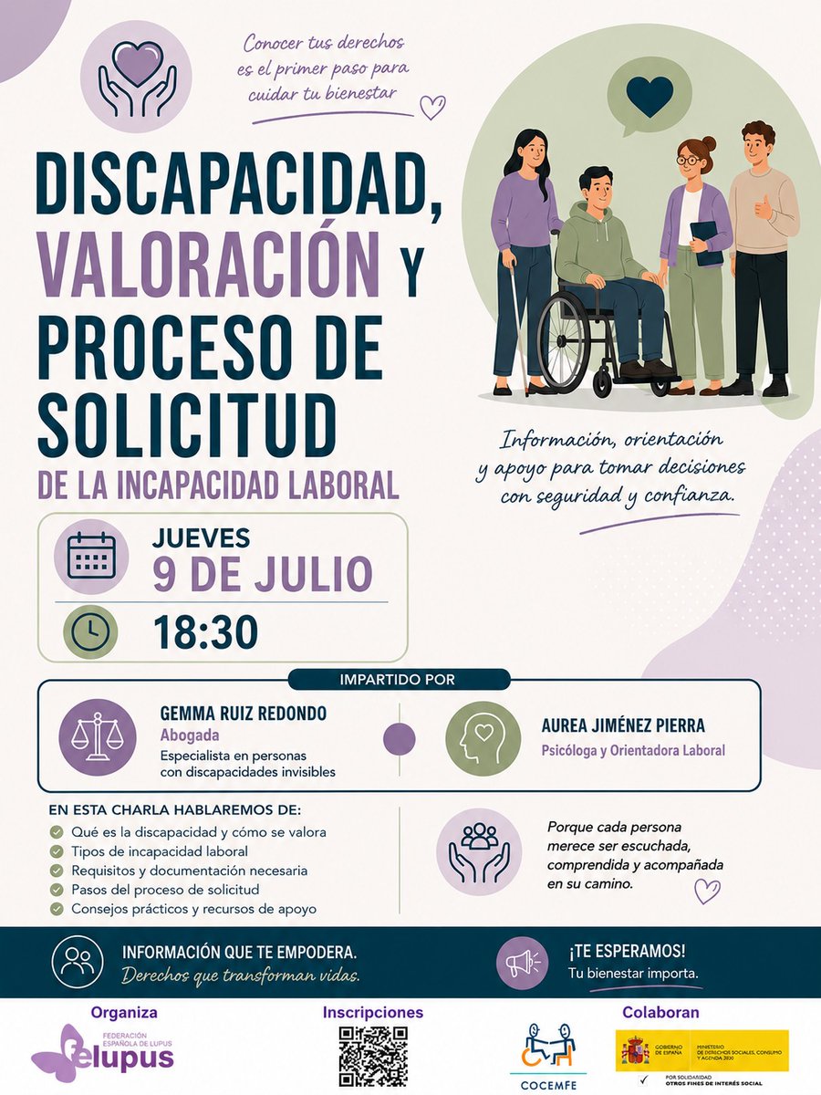 Felupus's tweet photo. 📢 TALLER GRATUITO: Discapacidad, valoración y proceso de solicitud de la incapacidad laboral.INSCRIPCIÓN⬇️ https://t.co/8L7wdjtepa
Tienes dudas sobre cómo se valora una discapacidad o cómo solicitar Incapacidad laboral? ¿Necesitas orientación sobre los requisitos y el proceso? https://t.co/PVlXhY9c52