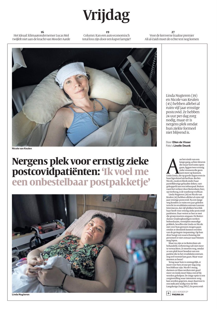 LongCovidNL's tweet photo. 🚨 Ministerie van VWS: pak de regie en regel nú volwaardige zorg voor ernstig zieke mensen met long covid.

Voor mensen die al jaren bedgebonden zijn en zelfs licht, geluid of een kort gesprek niet verdragen, is wachten geen optie meer. Long Covid Nederland roept het ministerie van VWS op de regie te pakken om eindelijk werk te maken van structurele zorg op de juiste plek, passend bij de behoefte voor deze vergeten patiëntengroep. Dat de ziekste patiënten nog altijd verstoken blijven van de zorg die zij nodig hebben, is niet alleen schrijnend, maar onwaardig. Een beschaafd land laat zijn kwetsbaarste patiënten niet aan hun lot over.

📰 Vanochtend verscheen een indrukwekkende reportage van Ellen de Visser in @volkskrant die pijnlijk zichtbaar maakt wat ernstig zieke longcovidpatiënten al jaren ervaren: er is voor hen geen plek.

Zo lezen we bijvoorbeeld over Nicole (45), die bedlegerig is en problemen heeft met de werking van haar maag, blaas en darmen. Linda (39) kan op goede dagen af en toe even in haar ligrolstoel. Ook Ly-Ann (18) kan nog maar nauwelijks functioneren en is afhankelijk van sondevoeding.

🩵 Al jarenlang zetten zorgprofessionals die zelf een post-acuut infectieus syndroom (PAIS) hebben, zoals Marlies van Hemert @Begrepenklacht, zich in om passende opvang en zorg voor deze patiëntengroep te organiseren. Maar zonder resultaat. Na talloze gesprekken met artsen, ambtenaren van VWS en andere deskundigen is de zorg voor deze ernstig zieke patiënten nog steeds niet geregeld. 

🏥 Arts Alfons Olde Loohuis legt uit dat ernstig zieke patiënten al bij een klein beetje licht, geluid of praten over hun energiegrens kunnen gaan. Daardoor kunnen zij in een neerwaartse spiraal terechtkomen. Hij pleit daarom voor gespecialiseerde, prikkelarme afdelingen waar deze patiënten kunnen worden verzorgd door een deskundig team. Daarvoor is volgens hem een tijdelijke WLZ-indicatie nodig. Daar is een wetswijziging voor nodig. 

📣 Voor ernstig zieke mensen met long covid is het dringend nodig dat zorg mensen helpt in plaats van laat vastlopen. Long Covid Nederland roept het ministerie van VWS op om de regie te pakken en deze patiënten niet langer aan hun lot over te laten en zo snel mogelijk te zorgen voor structurele, volwaardige zorg en ondersteuning.

🔗 Lees het artikel hier: https://t.co/lB7lNv2Pfi

#LongCovid #PAIS #ErnstigZiek #Zorg #NietHersteld