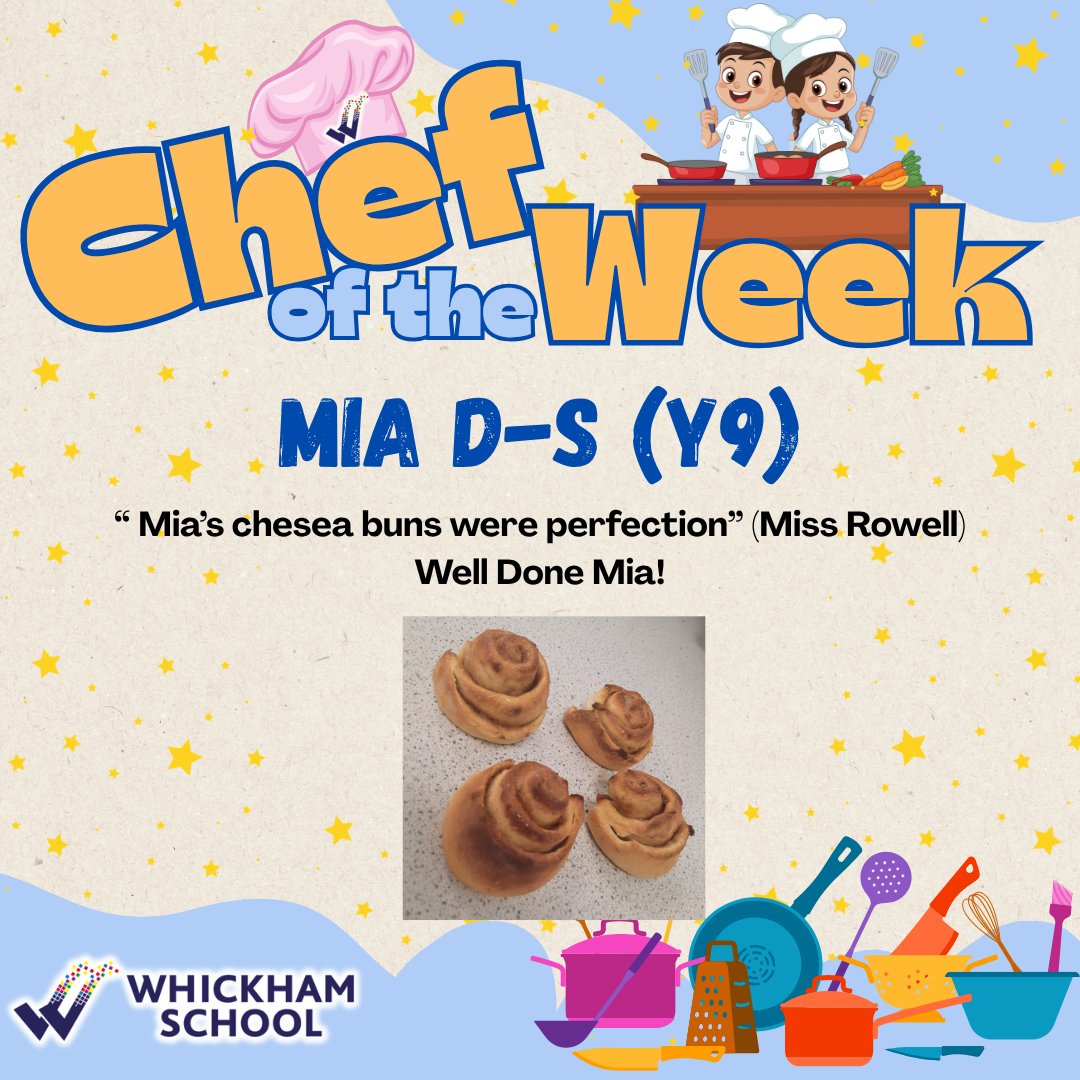WhickhamSchool's tweet photo. This week we have not one to two Chefs of the Week - it was too tough for Miss Rowell to call!!
Very well done to Freddie B & Mia D-S in Year 9 for their chelsea buns this week
Freddie made his own cinnamon sauce & Mia's chelsea buns were perfection
#ChefOfTheWeek #FoodTechnology https://t.co/pr6bhdZgjZ