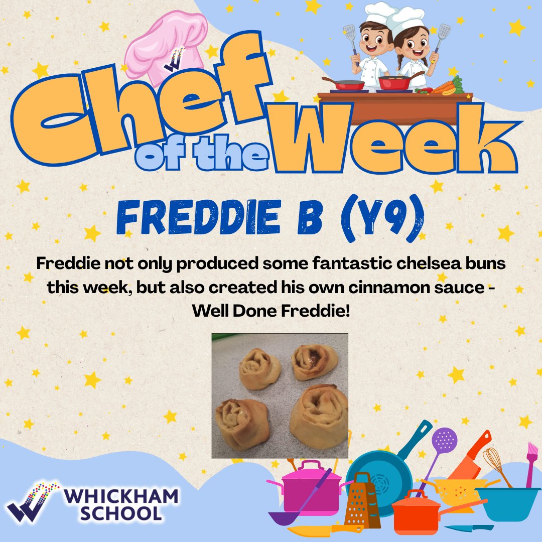 WhickhamSchool's tweet photo. This week we have not one to two Chefs of the Week - it was too tough for Miss Rowell to call!!
Very well done to Freddie B & Mia D-S in Year 9 for their chelsea buns this week
Freddie made his own cinnamon sauce & Mia's chelsea buns were perfection
#ChefOfTheWeek #FoodTechnology https://t.co/pr6bhdZgjZ