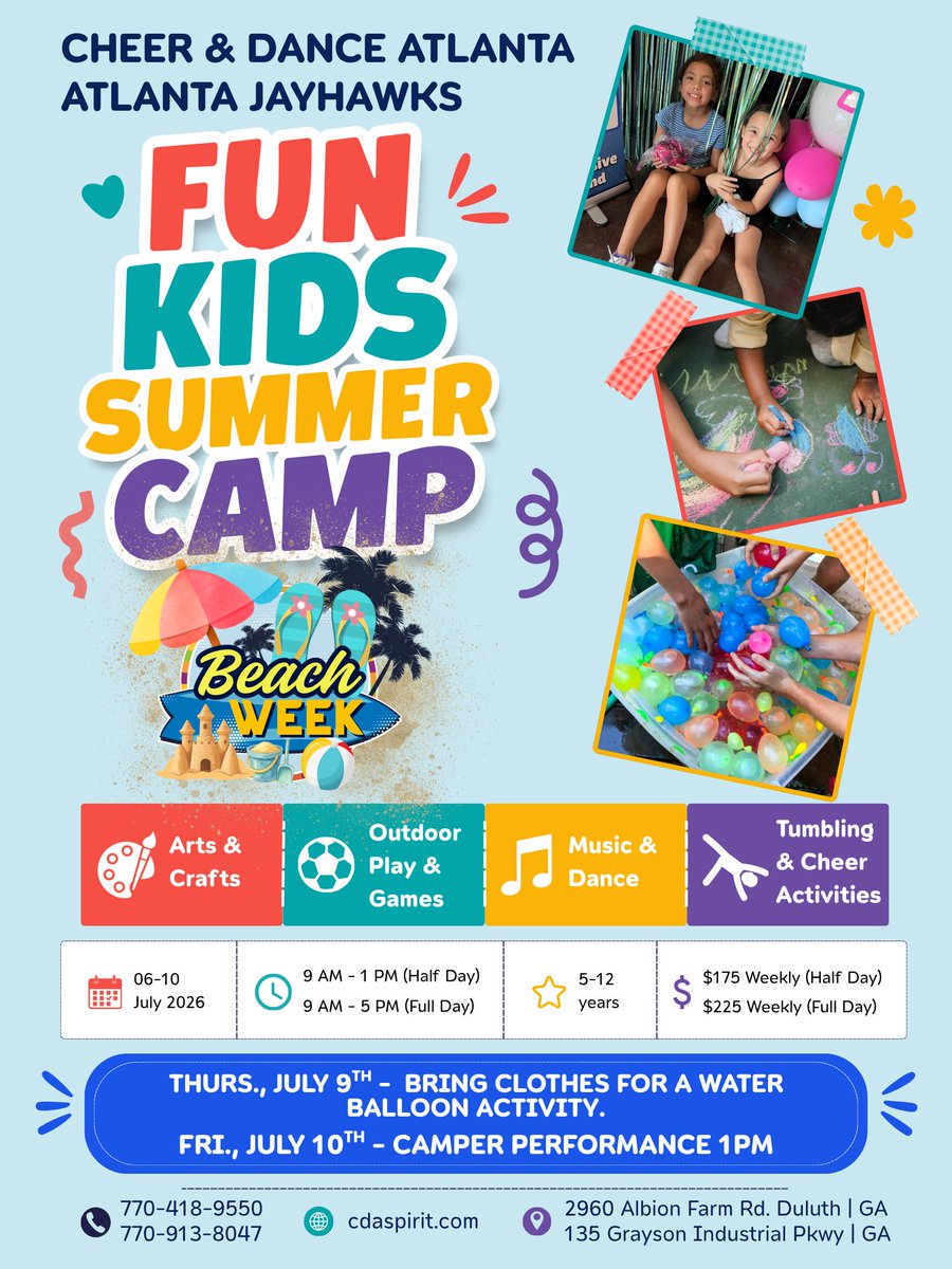 ATLJayHawksCDA's tweet photo. 🌞 Summer day camps are back next week, and we’re diving into a BEACH theme! Whether the sun is shining or hidden behind clouds, the gym will be bright and full of cheer. With just four weeks left of camp this summer, it’s the perfect time to grab a friend and join the fun!🏖️🌊 https://t.co/x7qVMETZmm