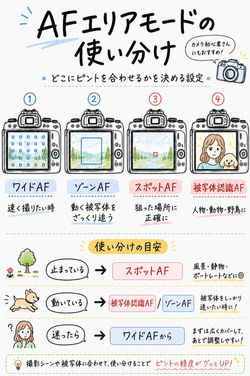 saizou4's tweet photo. 📷 AFエリアモードの使い分け
カメラのAF設定、オートのまま使っていませんか？AFエリアモードを理解して使い分けるだけで、ピントの精度がぐっと上がります。

▶ AFエリアモードとは
カメラが「どこにピントを合わせるか」を決める設定です。メーカーによって名称が違いますが、基本的な種類はどのカメラも共通しています。

▶ ワイドエリアAF（全域AF）
カメラが画面全体を見て、自動でピントを合わせる場所を選んでくれます。手軽ですが、意図しない場所にピントが合うことがあります。
✅ スナップや記念写真など、構図より速さを優先したいとき
▶ ゾーンAF
画面をいくつかのエリアに分割して、その中でピントを合わせます。全域より意図した場所に合わせやすいです。
✅ 動く被写体を追いながらも、ある程度ピント位置をコントロールしたいとき
▶ スポットAF（1点AF）
1点だけでピントを合わせます。自分でピント位置を決めるので、最も正確にコントロールできます。
✅ 静止している被写体や、ピントを合わせたい場所が明確なとき
▶ 被写体認識AF（顔・瞳・動物など）
カメラが人物の顔や瞳、動物を自動で検出してピントを合わせ続けます。最近のミラーレスは精度が非常に高く、動く人物や動物の撮影では積極的に使っていいです。
✅ 人物、ペット、野鳥など、動く被写体を撮るとき

▶ 使い分けのポイント
被写体が止まっている → スポットAF

被写体が動いている、人物・動物 → 被写体認識AF

とにかく速く撮りたい → ワイドエリアAF

最初はワイドエリアか被写体認識で十分です。ただ「なぜここにピントが合ったんだろう」と感じたときは、スポットAFで自分でコントロールする練習をしてみてください。