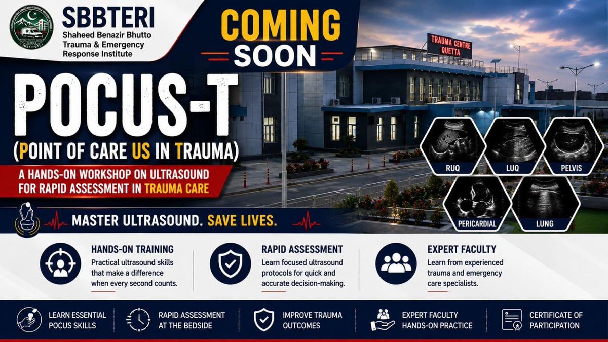TERITraumQta's tweet photo. Coming Soon at SBBTERI, Quetta!

A hands-on POCUS-T workshop to strengthen rapid trauma assessment through focused ultrasound.
Stay tuned.
Master Ultrasound. Save Lives.
@CBugti39512 @bakhtkakar43 @DrArbabKamran @drhrp1987 https://t.co/lkHKRXX7zg