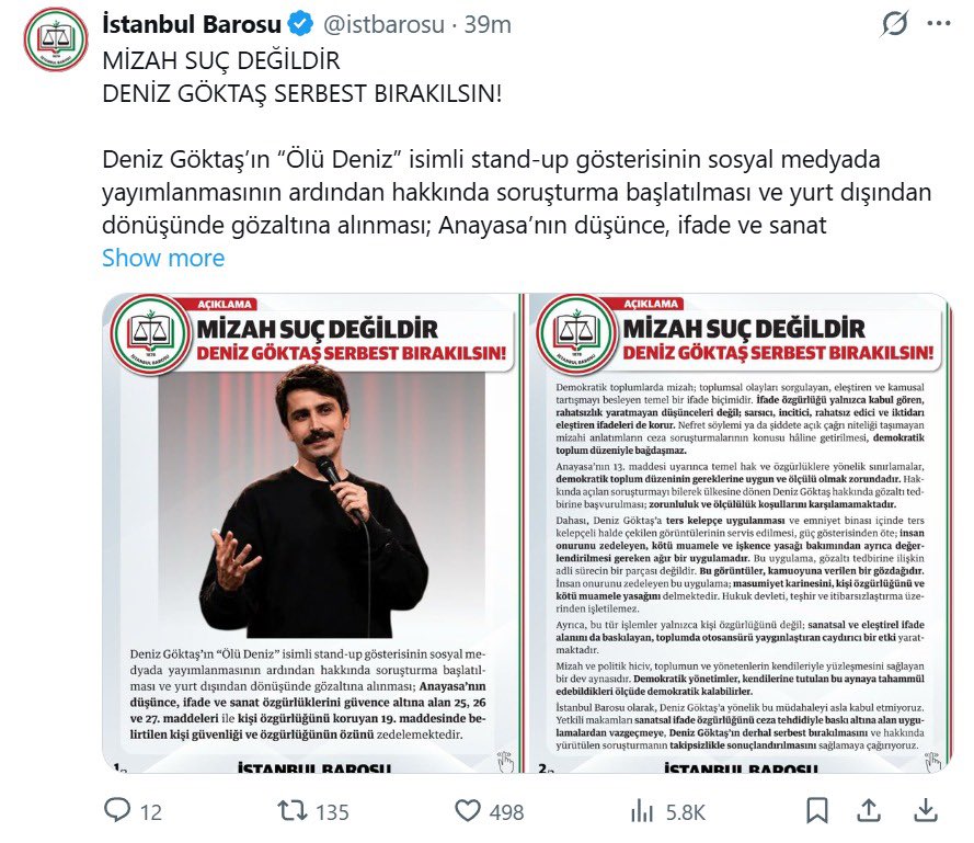 AvMuge's tweet photo. İstanbul Barosu Yönetimi Klasiği: 
Rahmi Koç fıkra anlatınca “Irkçılık ve kadın düşmanlığı mizah değildir.” 
Deniz Göktaş gözaltına alınınca 
“Mizah suç değildir.” 

Görünen o ki “mizah”ın ne olduğu, @istbarosu için kimin yaptığına göre değişiyor. İlkesel ve tutarlı bir ifade özgürlüğü savunusu yerine, kişiye ve olaya göre değişen bir yaklaşım sergilenmesi çifte standardınızın ispatıdır.
