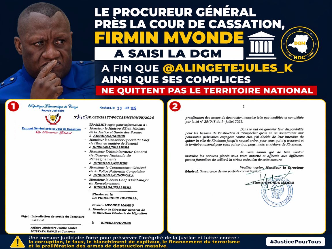 CamInfo4's tweet photo. le Procureur général près la Cour de cassation, Firmin Mvonde, a saisi la DGM afin que Jules Alingete ainsi que ses complices ne quittent pas le territoire national https://t.co/gi0hICvSjM