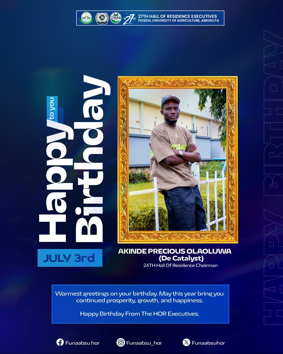 funaabsuhor's tweet photo. Happy birthday to the 24th Hall of Residence Chairman, Akinde Precious Olaoluwa @decatalystpro

Today we celebrate a leader who made a lasting mark in our Adugbo. Your commitment to making sure hostelites needs are met is commendable. https://t.co/NpqfZedNNU
