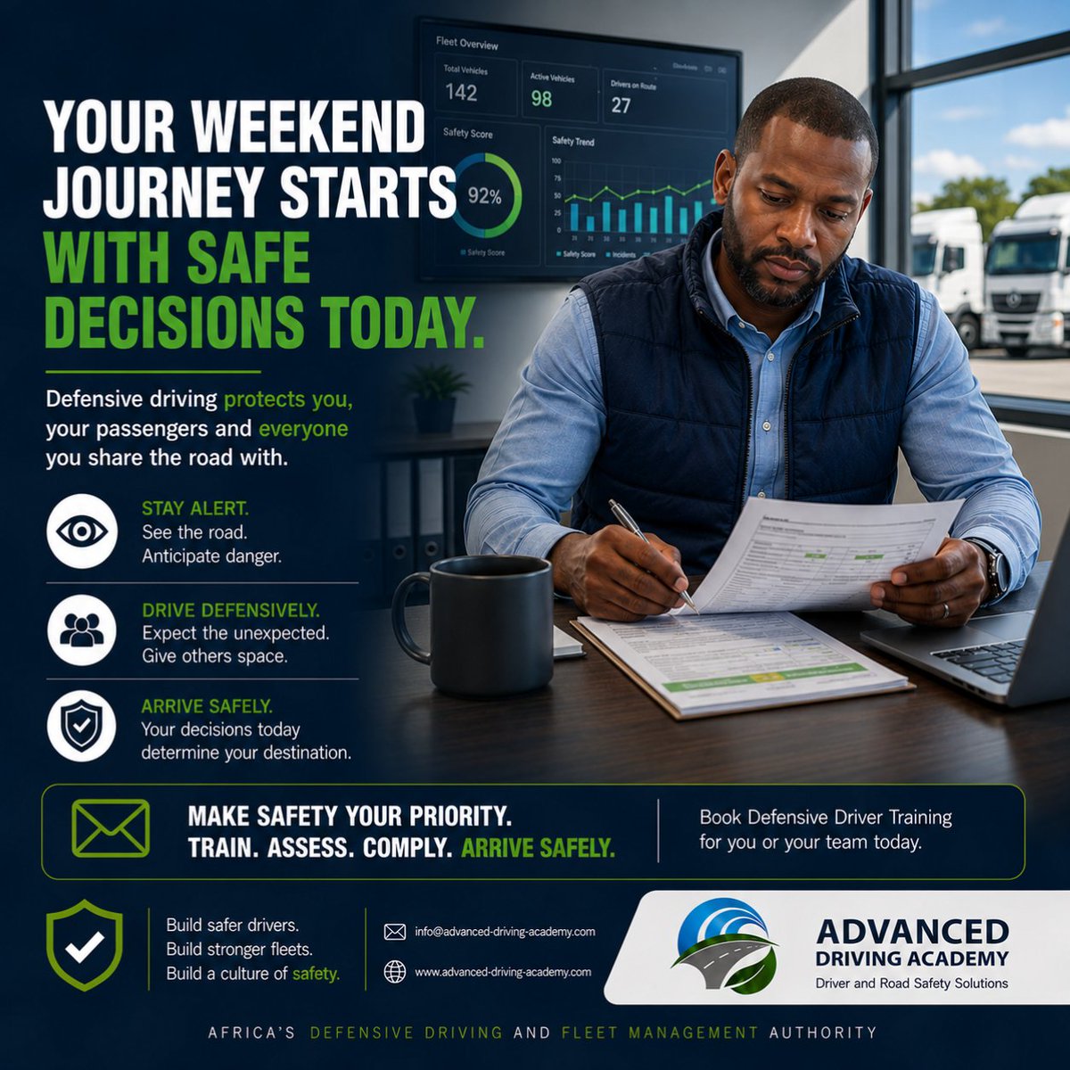 adaafricax's tweet photo. Weekend traffic means higher risk. Defensive driving saves lives.

Stay alert.
Drive within the speed limit.
Expect the unexpected.
Keep a safe following distance.
Never drive distracted.

https://t.co/UXjjOdYTz3
 info@advanced-driving-academy.com

#RoadSafety https://t.co/JDc2GnWpWv