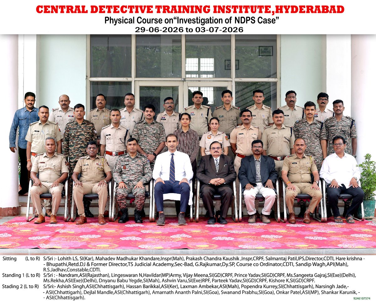 bprdcdtihyd's tweet photo. Conducted a course on "Investigation of NDPS cases" from 29.06.2026 to 03.07.2026 at CDTI, Hyderabad.  24 Officers from various States/ UTs/ CPMFs have attended the course. https://t.co/eSSwV0depD
