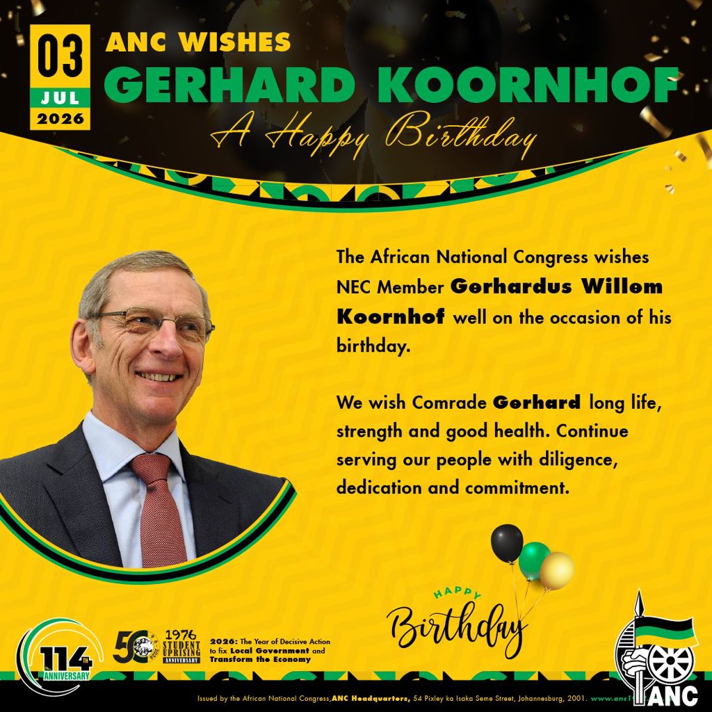 MYANC's tweet photo. The African National Congress wishes NEC Member Gerhardus Willem Koornhof well on the occasion of his birthday. https://t.co/ITbq9AAdbS