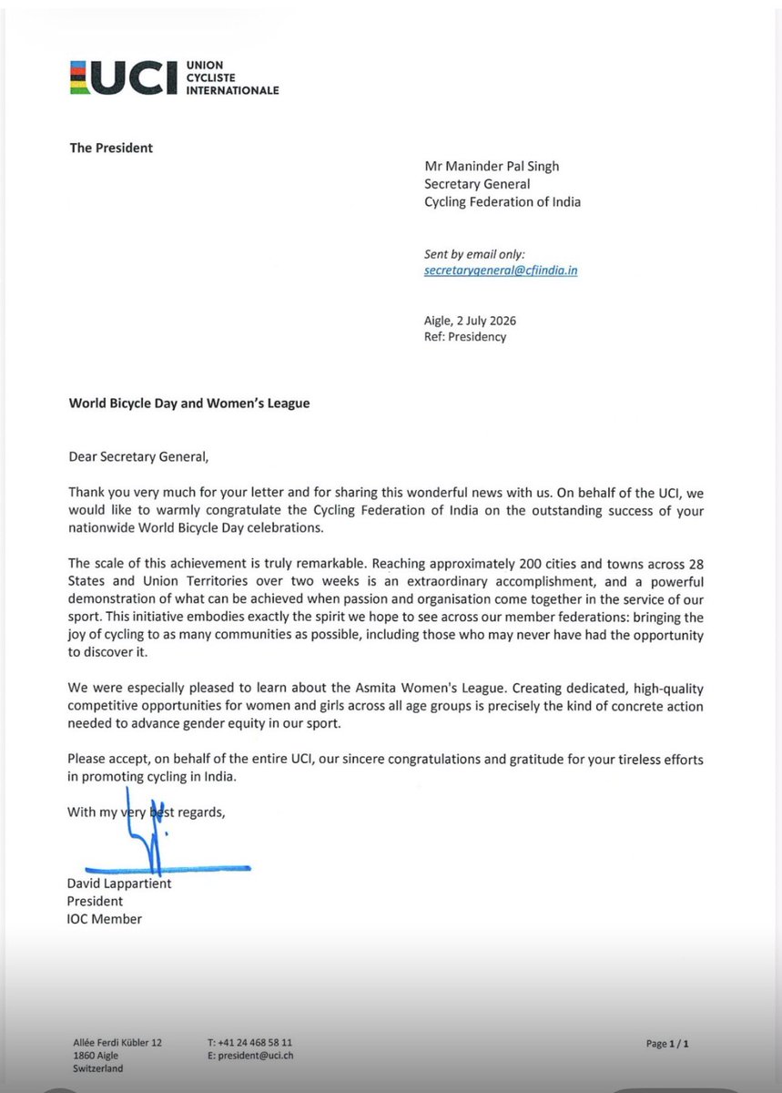 cfiindia_'s tweet photo. Congratulations to the entire cycling family! 🚴🇮🇳 
Our World Bicycle Day &amp; Asmita Women’s League proposal has received an encouraging letter from the UCI President. A proud recognition of everyone working to grow cycling in India. 
#Cycling #UCI #CyclingIndia https://t.co/sFPNlucwwt