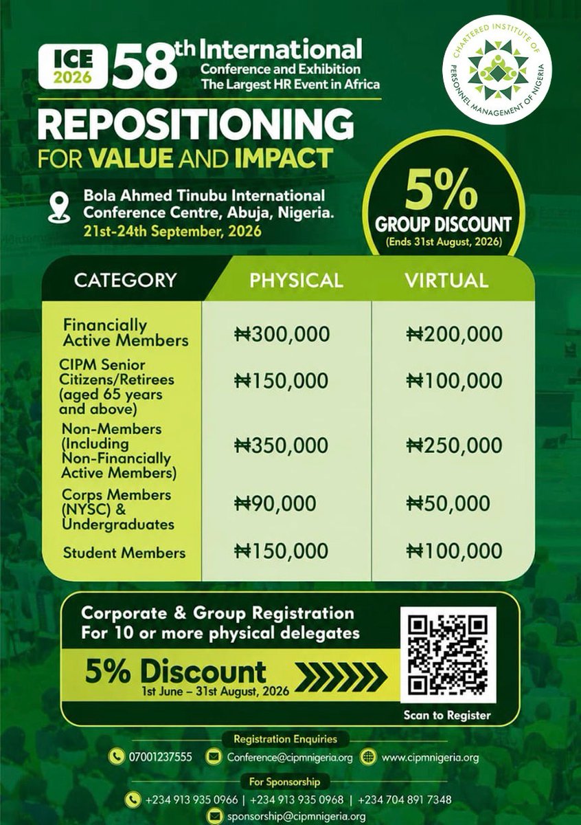 cipmnigeria's tweet photo. 80 DAYS TO GO!

Every day brings us closer to the biggest HR event on the continent.

Are you ready to connect, learn, network and discover new ways to create value and impact?

The #CIPMICE2026 awaits you.

👉 Secure your spot today: https://t.co/SJaSCMFVPj https://t.co/p025vAAFEL