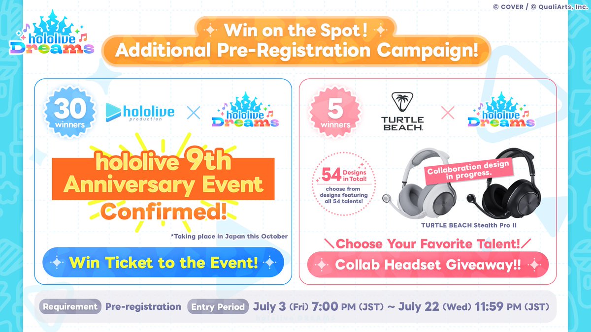 holo_dreams_en's tweet photo. /／
🎁Win Amazing Prizes Instantly!
Additional Pre-Registration Campaign Now Live✨
\＼

🎉Enter for a chance to win one of 30 tickets to the hololive 9th Anniversary × holodori Event taking place in Japan this October, or one of 5 holodori collaboration headsets!

Already entered Rounds 1, 2, or 3? You can still join the fun♪

Pre-register now📱

🔽Learn more
https://t.co/JO2clRD7jE 

#holodoriJuly23Launch
#holodori