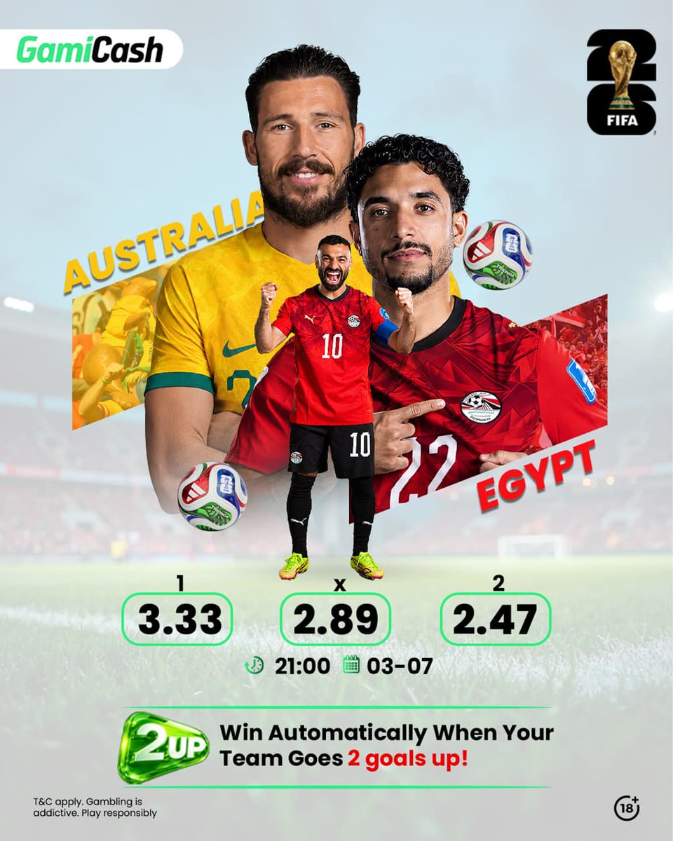 gamicashuganda's tweet photo. 🇦🇺 Australia 🆚 Egypt 🇪🇬 

Will the Pharaohs conquer the Socceroos, or will Australia rise to the occasion? 

Bet now on https://t.co/762RcFy2WU, enjoy Boosted Odds and if your team goes 2 UP, we'll pay you early!

#FIFAWorldCup2026 #WorldCup2026 #GamiCashUG #OddsMudidi https://t.co/qRqUY1PKze