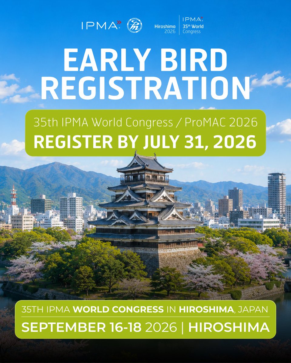 iPMAglobal's tweet photo. ⏳ Early Bird registration is open until July 31!

Take advantage of the Early Bird Discount and secure your place at one of the leading global gatherings for the project management community.

Join project professionals, researchers, academics and industry leaders from around the world for three days of knowledge sharing, inspiring discussions and valuable networking under this year's theme:

Delivering Peace: Project Management for a Sustainable World

📍 Hiroshima, Japan
📅 September 16–18, 2026

👉 Register today and secure your place: https://t.co/V64uBeIGCC

#IPMAWorldCongress2026 #IPMA #ProjectManagement #Leadership #Networking #Innovation #Sustainability #ProfessionalDevelopment #EarlyBird