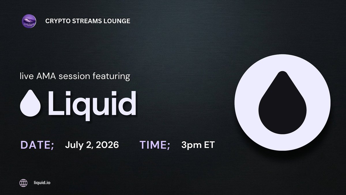 CryptostreamsL's tweet photo. We're pleased to announce our Next Telegram Live AMA With LIQUID

Liquid enables you to trade anything, anywhere, at any time. Simply pick an asset, go long or short, and how much leverage you want. Trade any market from OpenAI to Nvidia, gold to Bitcoin, JPY to Samsung.

DETAILS

🗓Date:  July 2, 2026
⏰Time:  3pm ET
🎯Venue:  https://t.co/yMr0eYsphO 

🏆 Prize: USDC 

Speaker : Project team 

Check out LIQUID;
 
Website : https://t.co/LkW7b3MrOO
Twitter : https://t.co/0gfWaDLp95

For inquiries, contact us Via Email 📩