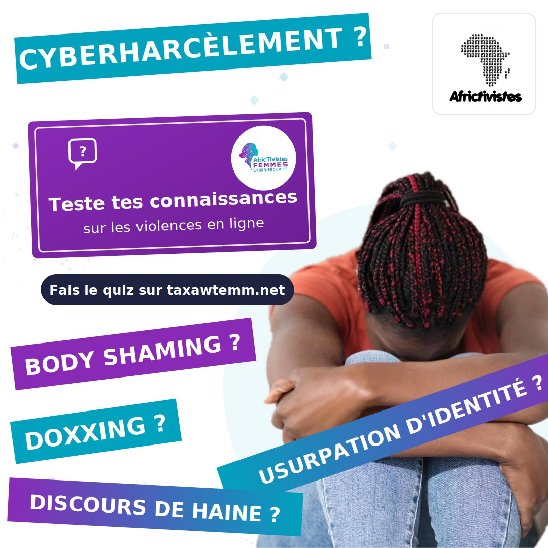 AFRICTIVISTES's tweet photo. Doxxing ? Body shaming ? Usurpation d'identité ? Discours de haine ? 🤔

Ces mots te parlent… mais sauras-tu vraiment les reconnaître quand ils se produisent en ligne ?

🎯 Teste tes connaissances sur le cyberharcèlement avec le quiz Taxaw Temm ! Quelques minutes suffisent pour apprendre à identifier les violences en ligne, t'en protéger et savoir comment réagir.

👉 Fais le quiz maintenant : https://t.co/kqXEvncdo0

Parce qu'il n'y a aucune excuse pour les violences en ligne. #NoExcuse for online abuse !

✊🏾 Ensemble, faisons d'Internet un espace sûr pour toutes et tous.

---------------------------------------------------

Doxxing? Body shaming? Identity theft? Hate speech? 🤔

You’ve heard these terms… but would you really be able to recognise them when they happen online?

🎯 Test your knowledge of cyberbullying with the Taxaw Temm quiz! It only takes a few minutes to learn how to spot online abuse, protect yourself from it and know how to respond.

👉 Take the quiz now: https://t.co/kqXEvncdo0

Because there’s no excuse for online abuse. #NoExcuse for online abuse!

#TaxawTemm #AarSunuBopp #StopCyberharcèlement #SafetyOnline #AfricTivistes #CyberSécurité #ViolencesEnLigne #DroitsNumériques