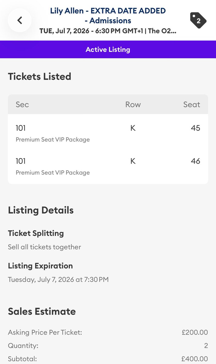 TheJessentials's tweet photo. I have 2 tickets for @lilyallen West End Girl at O2 arena on July 7 that I have to sell as I have to leave town! VIP seating— listed on AXS for under face value! PM me if interested 🙏 https://t.co/whfRyKZD6G