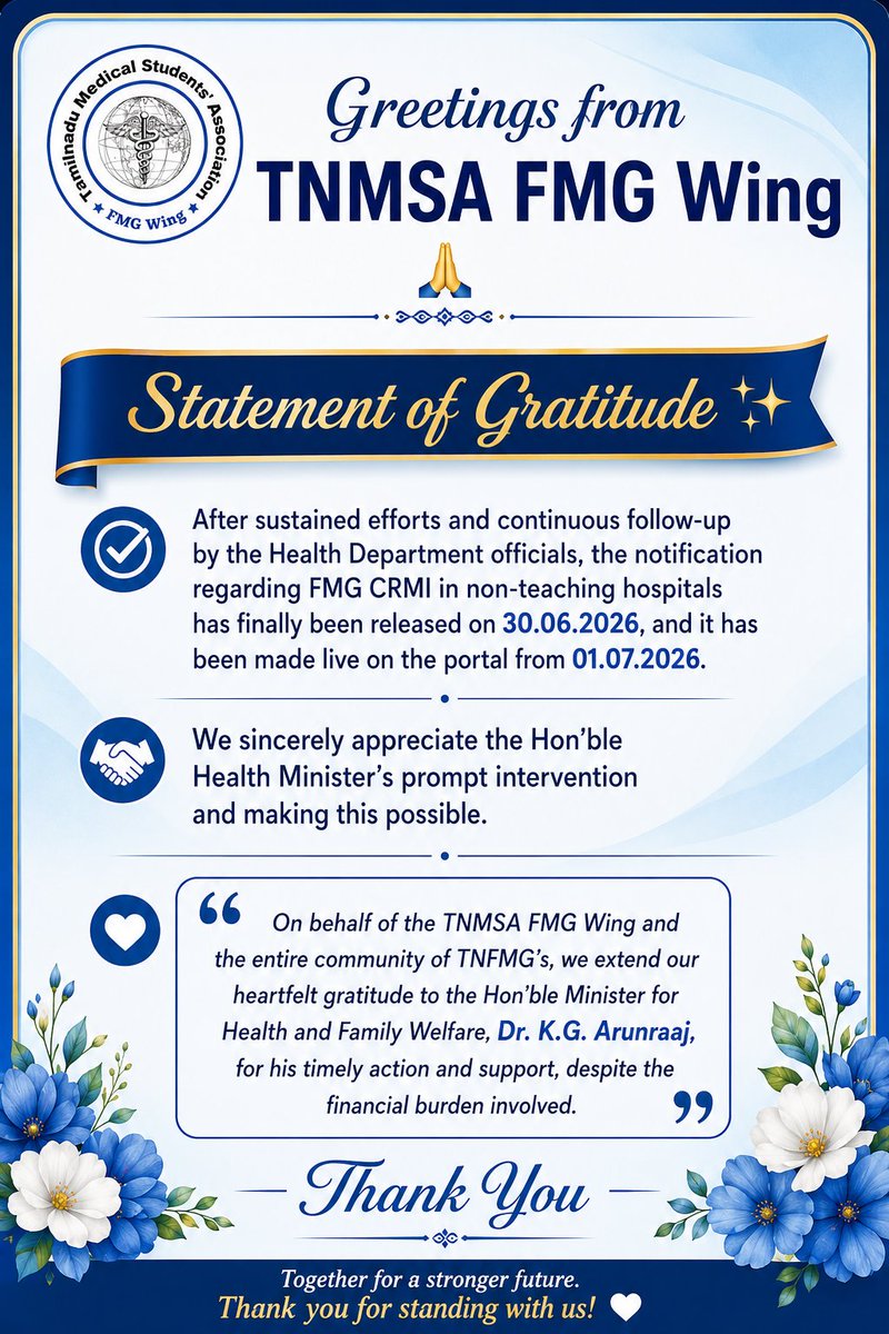 tnmsa_fmgwing's tweet photo. We extends heartfelt gratitude to Dr.@arunraajkg, @HM_TamilNadu, @HS_TamilNadu, @DMER_TN, @tnmc_tamilnadu and all officials &amp; well-wishers @aimsa_fmsw, @official_afa_  who supported. Thank you for making this long-pending CRMI training in non-teaching hospitals for TN FMGs. https://t.co/k0Q3eB71xr