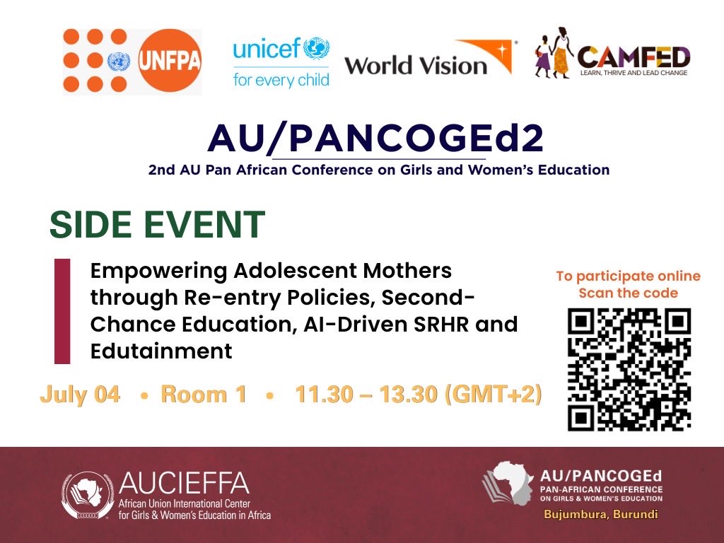 UNFPA_AARO's tweet photo. Tomorrow at #PANCOGEd2!

Join @UNFPA_AARO , @UNICEF, @WorldVisionAULO  &amp; @Camfed to a side event to support adolescent mothers.

📺 Tune in by registering here: https://t.co/tayQ4b5rZj

#AfricaEducatesHer https://t.co/Ps0ebxNG0C