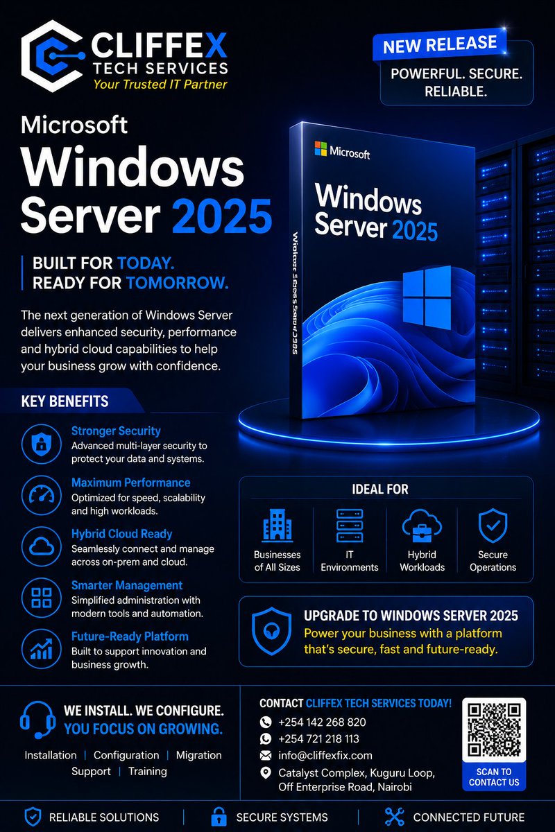 Cliffextech's tweet photo. Scale your business with Windows Server 2025! 
Cliffex Tech Services provides installation &amp; configuration for a secure &amp; reliable network. Our certified professionals fix it right the first time! 
One Solution. All IT Services.
#CliffexTech #ServerSetup #WindowsServer2025 #Kenya https://t.co/9fUi90epJv