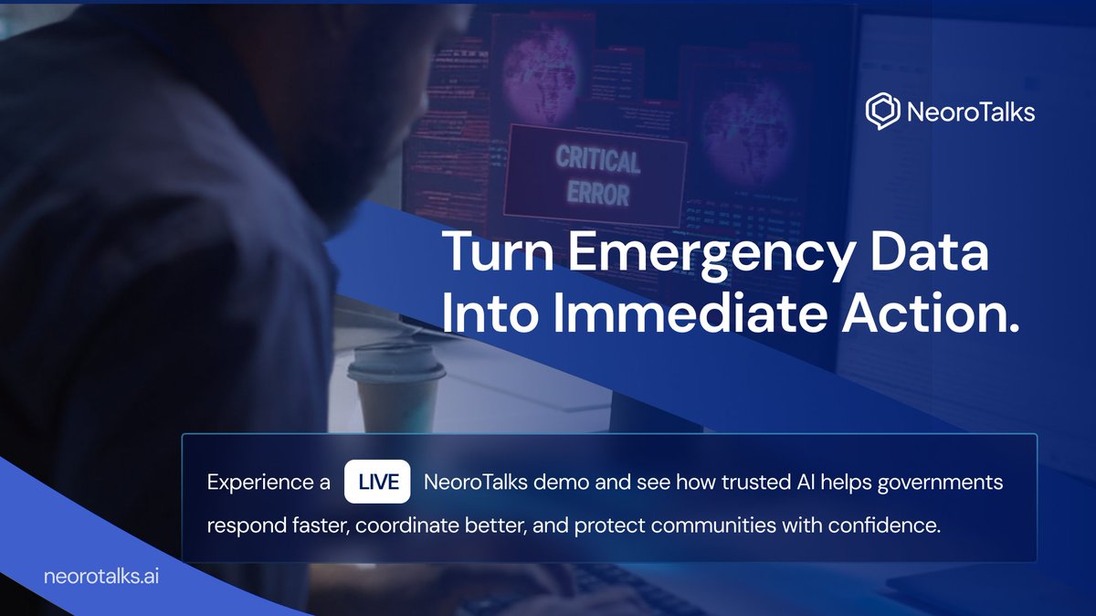NeoroTalks's tweet photo. Data alone doesn't save lives. 

@NeoroTalks  transforms fragmented emergency information into AI-powered action for faster response, smarter coordination, and stronger public safety.

#NeoroTalks #Talksandtalks #GovernmentAI #EmergencyManagement #DisasterResponse https://t.co/jet1q0VoAe