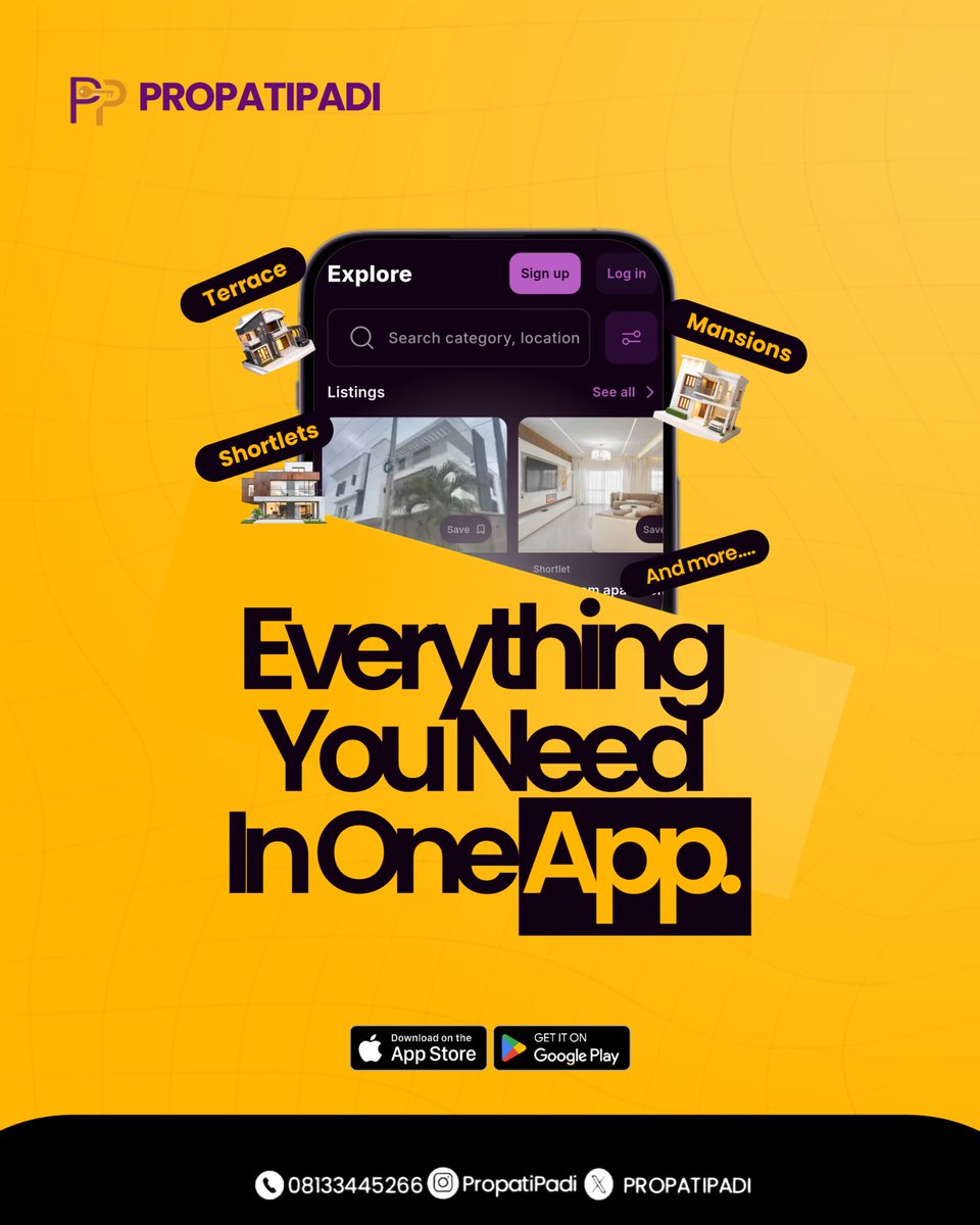 PROPATIPAD's tweet photo. The future of property search isn’t more agents. It’s smarter technology. 

Why spend hours chasing listings that may not exist when one app gives you access to verified properties, trusted realtors, shortlets, terraces, mansions, and more?

Everything you need. One App. https://t.co/KRcnrQBDHt