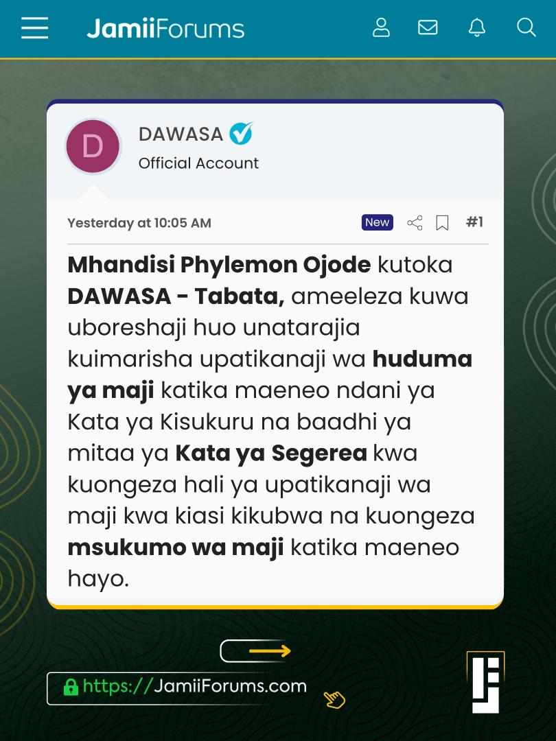 JamiiForums's tweet photo. Walichoposti Mamlaka ya Majisafi na Usafi wa Mazingira Dar es Salaam (#DAWASA) katika Jukwaa la https://t.co/dDd21Ugmlv, Julai 2, 2026.
Zaidi tembelea https://t.co/f1qNjOf6Au
#JamiiForums #JFHuduma #Uwajibikaji
Tembelea mtandao wa JamiiForums kufuatilia zaidi mijadala kutoka DAWASA pamoja Wizara ya Maji📌