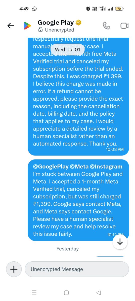 truthby_public's tweet photo. Refund not received, scam and fraud with big companies,cus is not impt for  Google play, instagram, twitter
3-4 days still pending, customer Denial to response , false information, @GooglePlay @Meta @Instagram @twitter @aubankindia https://t.co/x1dMBVInTP