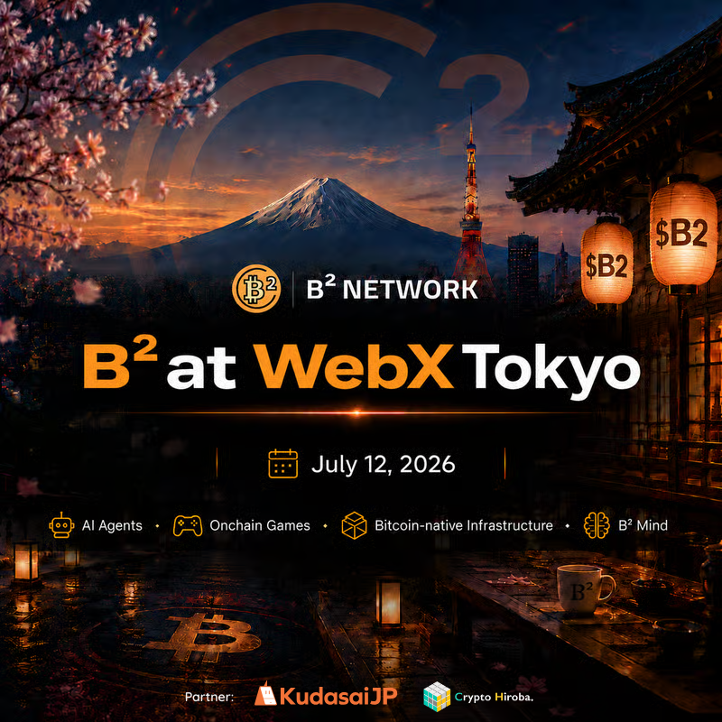 TourouJPN's tweet photo. B² Networkのオフラインイベントを東京で開催決定！🎉

AIエージェントがBitcoinを活用する未来を実現する @BSquaredNetwork が、WebX2026に合わせてイベントを開催！
本イベントにCrypto Hirobaもコミュニティパートナーとして参加します🔥

WebX2026では、B² Networkのブースも出展予定。開催前夜にB²チームと交流し、一足先にイベント本番の盛り上がりをともに味わいましょう！
軽食のご用意もございます🥂

📅日時：7月12日 18:00 ~ 22:00
📍会場：Shibuya Crypto Cafe&Bar
🆓参加費：無料

✍️B² Networkとは
AIエージェントがBitcoinを使って経済活動できる未来を目指すBitcoin Layer 2。
Bitcoin決済インフラやBTC担保型ステーブルコインを構築し、AI時代におけるBTCのユーティリティ拡大を実現しています。

イベント詳細は引用元に⇩