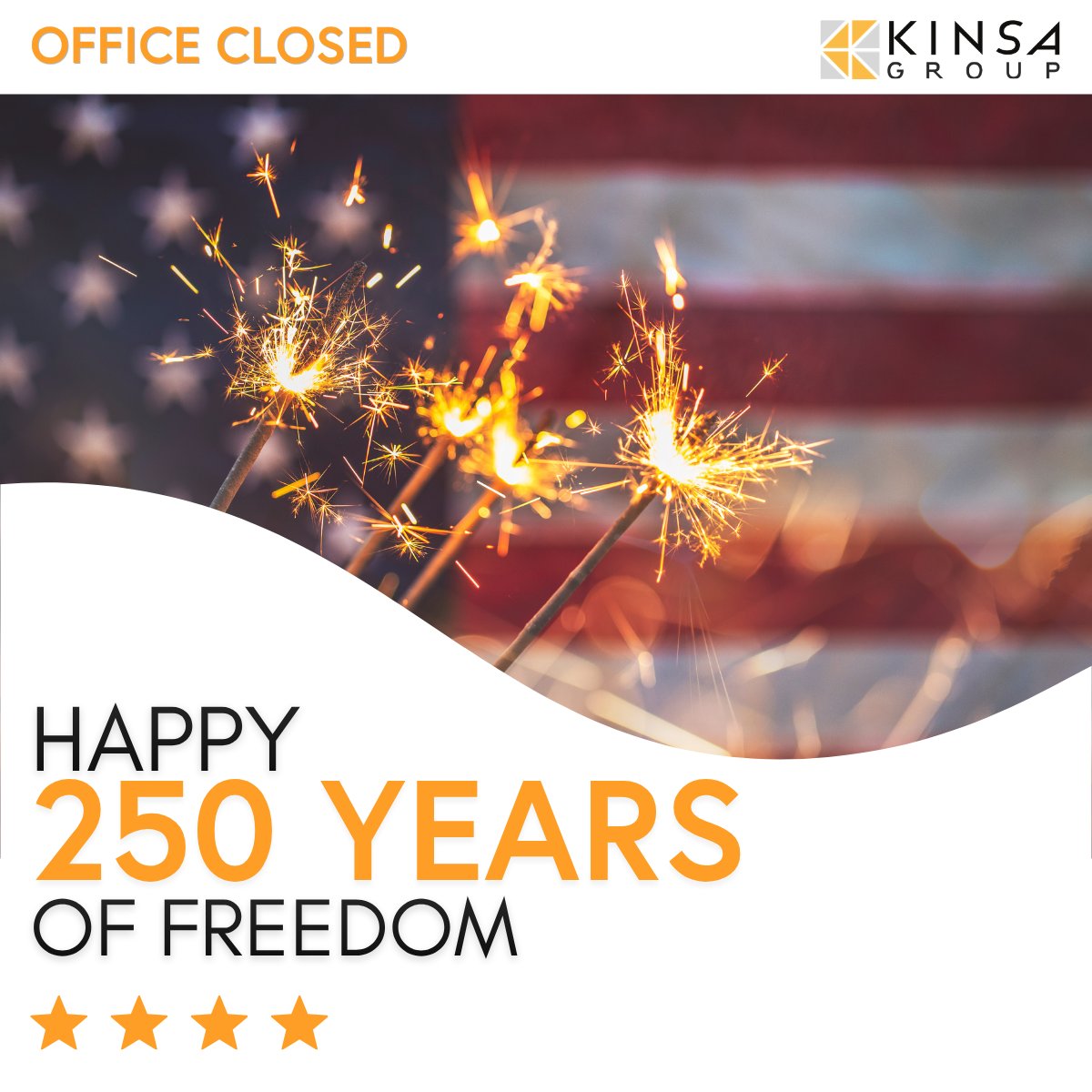KinsaGroup's tweet photo. Happy Independence Day from Kinsa Group! 🎇

In observance of the holiday, our office will be closed today, Friday, July 3rd. 
We wish everyone a safe and joyful long weekend!

#IndependenceDay #KinsaGroup #July4th #IndependenceDayCelebration #OfficeClosed https://t.co/gJzyoJWptZ